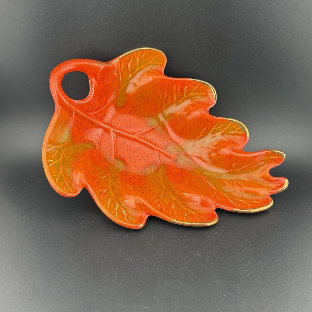 California Pottery Vintage MCM Orange Leaf Candy Dish Gold Trim Ceramic #809 ***